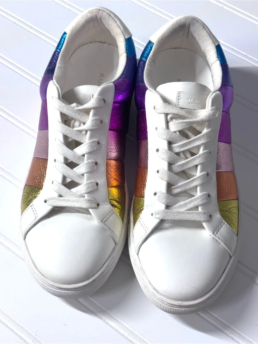 Kurt Geiger Metallic Rainbow Sneakers White Leather Iridescent Fun Leather 8.5